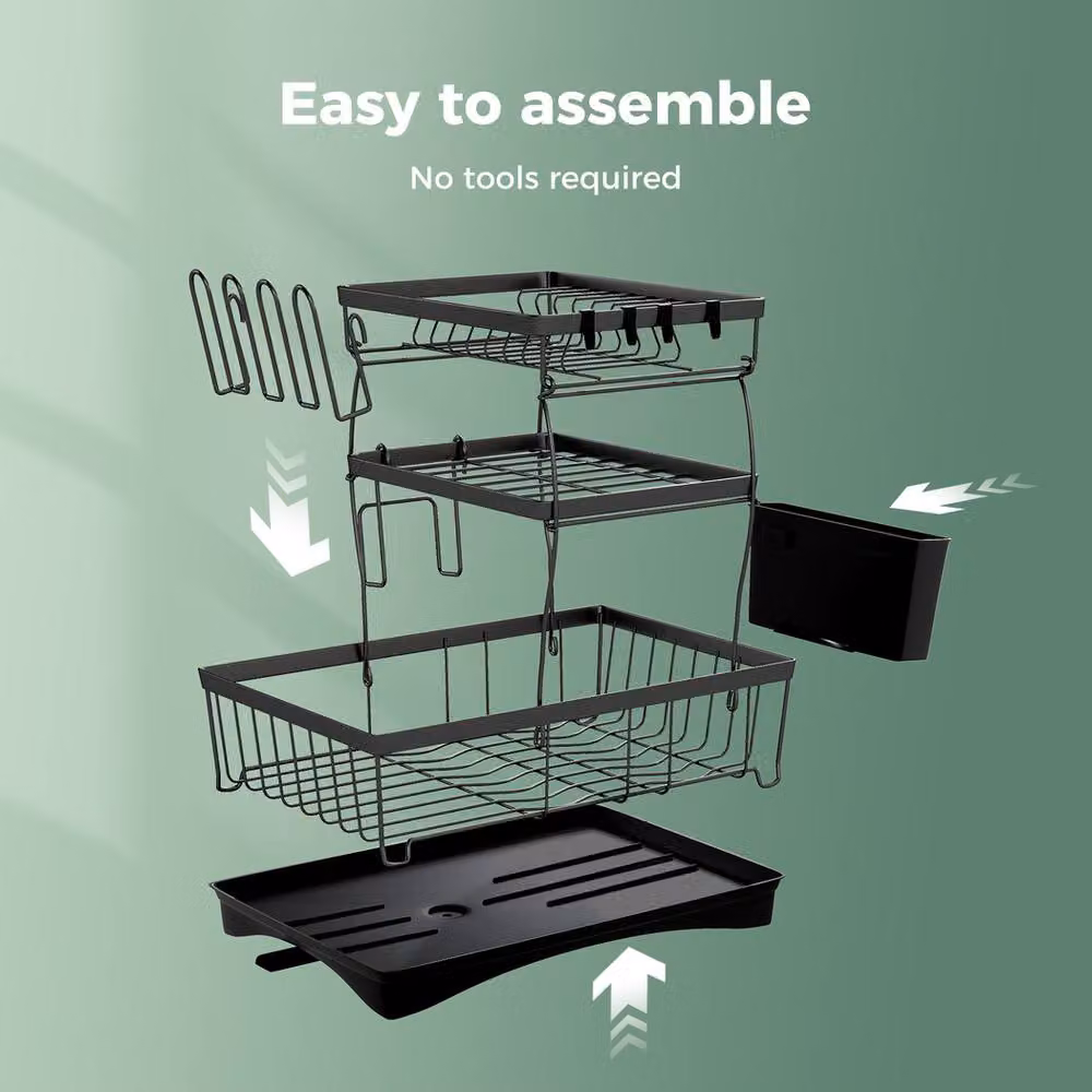 Toque 3 Tier Dish Drying Rack with Drip Tray and Cutlery Holder in Black – 6