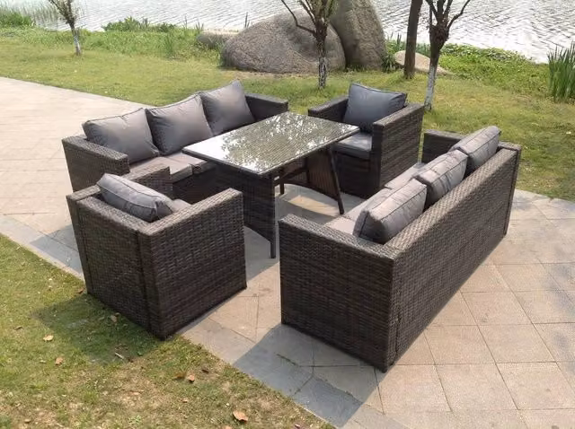 Fimous 8 Seater Rattan Garden Furniture Set with Dining Table and Armchairs in Dark Grey