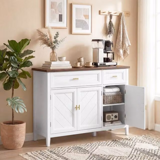 HOMCOM Modern Sideboard in White, Brown and Gold, W: 110 cm, D: 35 cm, H: 80.5 cm – 1