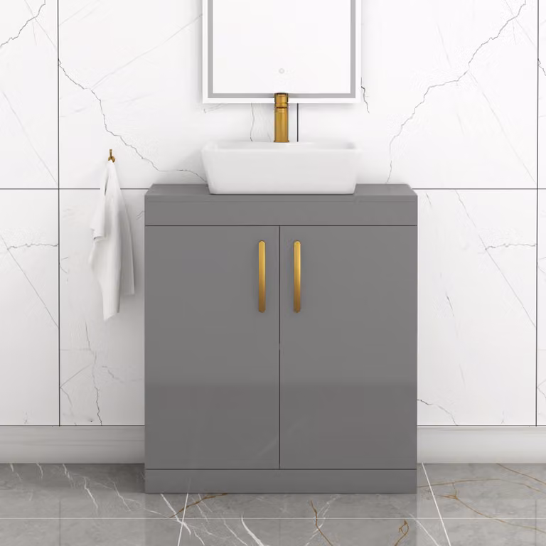 Royal Bathrooms Turin 800mm Floor Standing 2 Door Vanity Unit in Indigo Grey Gloss with Countertop Basin and Brushed Brass Handles