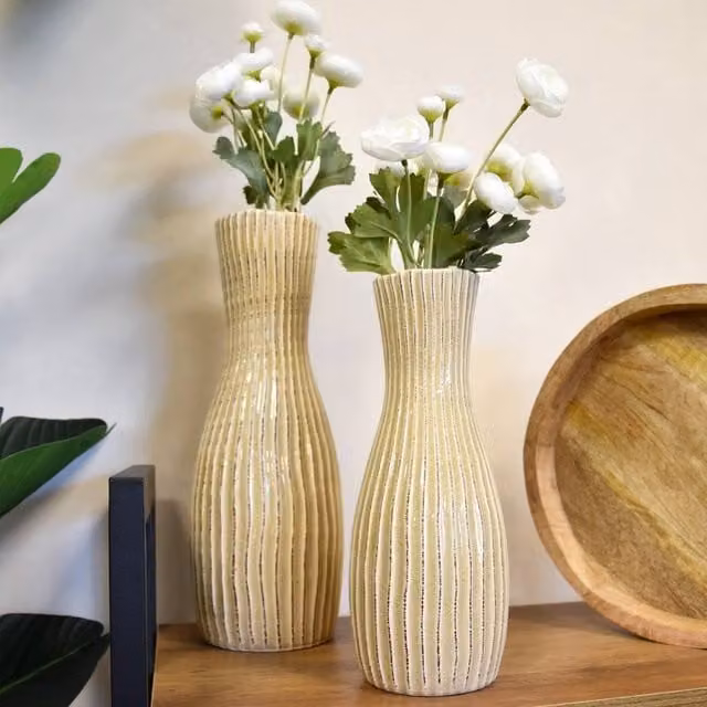 Madison & Mayfair Beige Ceramic Ridged Bottle Vase – 1