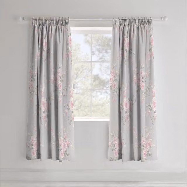 Catherine Lansfield Canterbury Ready Made Grey Floral Opaque Fabric Curtains W: 167.64 cm, H: 182.88 cm
