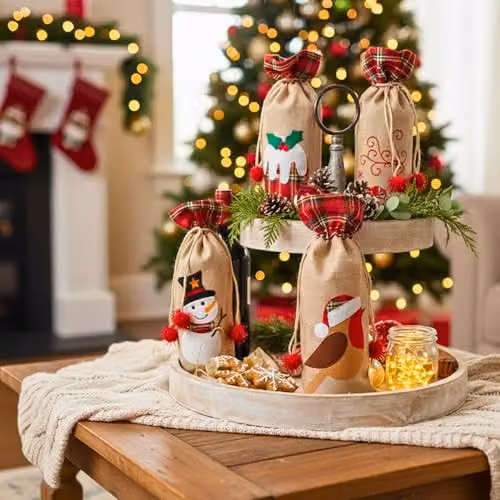 Shatchi Set of 4 Christmas Wine Bottle Covers in Brown Burlap Hessian Linen with Drawstring Closure for Festive Party Table Decorations – 6