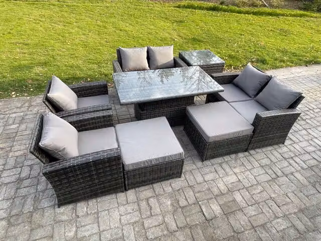 Fimous 8 Piece Wicker Rattan Outdoor Garden Furniture Set with Dining Table, 2 Footstools and Side Table in Dark Grey