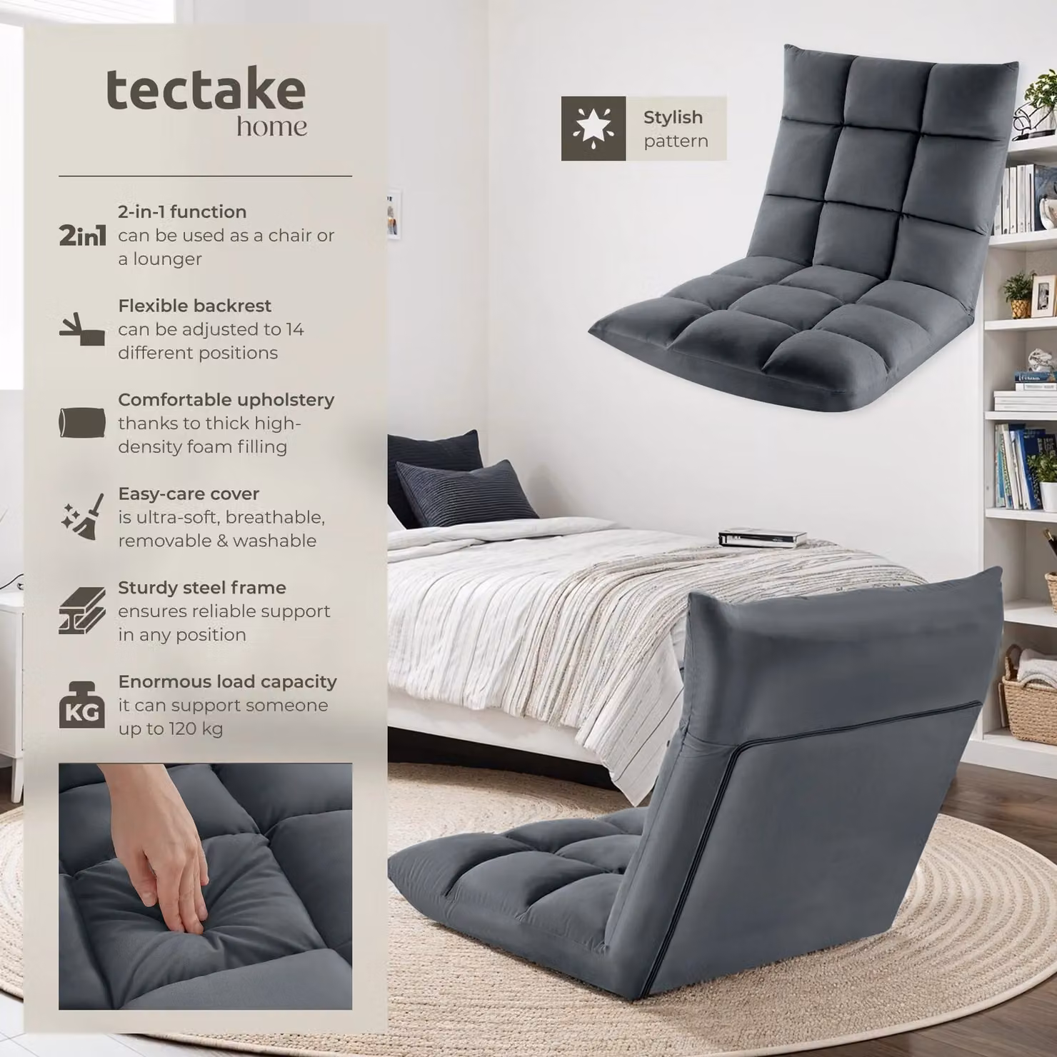 tectake Snooze Recliner TV Chair in Grey Velvet Fabric with Metal Frame – 2