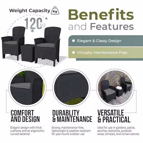 Centurion Supports Ophelia 3-Piece Black PU Rattan Wicker Garden Furniture Set with High Back Armchairs, Side Table and Cushion Storage – 2