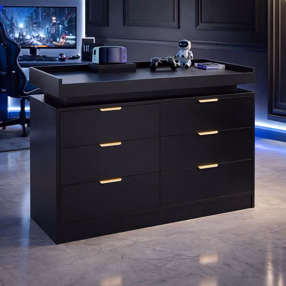 Harmin Luxury Black and Gold 8-Drawer Chest with Integrated LED Lighting, W: 116 cm, H: 102 cm, D: 40 cm – 3