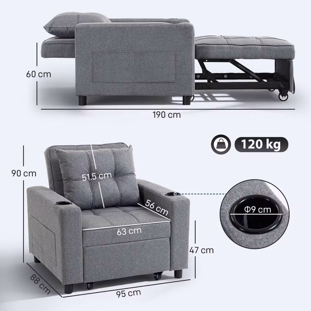Wyld Haus Soliri 3 in 1 Convertible Single Sofa Bed in Dark Grey with Tufted Fabric Cushions – 4