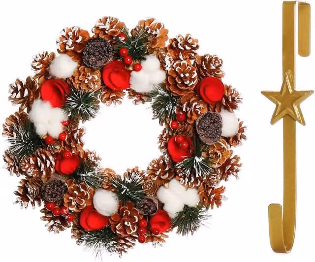 Dibor Red Christmas Wreath with Pinecones, Roses and Star Hanger, Diameter: 36 cm