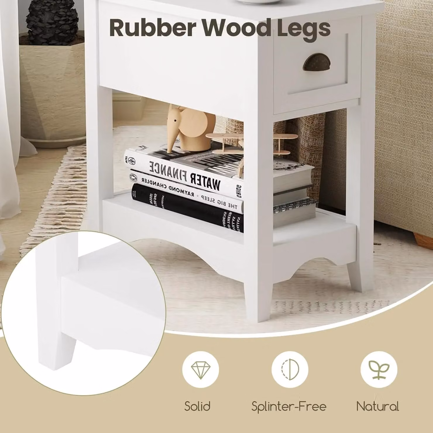 Gymax Retro Side Table and Nightstand with 1 Drawer and Solid Wood Legs in White – 4