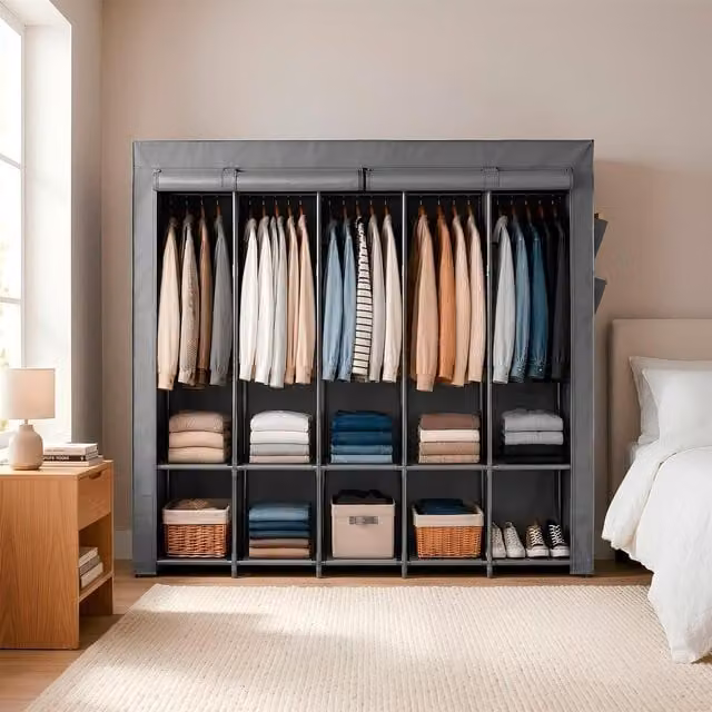 Harbour Housewares Portable Fabric Wardrobe in Grey, H x W x D: 167 x 211 x 45 cm