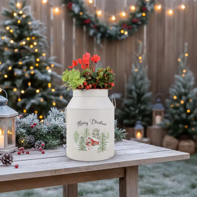 Plants by Post Christmas Milk Churn Planter in Red, Green and White Metal Tabletop Decor
