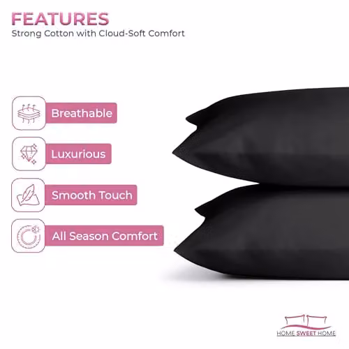 Snug City 2 Pack Black Cotton Housewife Pillowcases with Envelope Closure, 200 Thread Count, W: 48 cm x L: 74 cm – 4