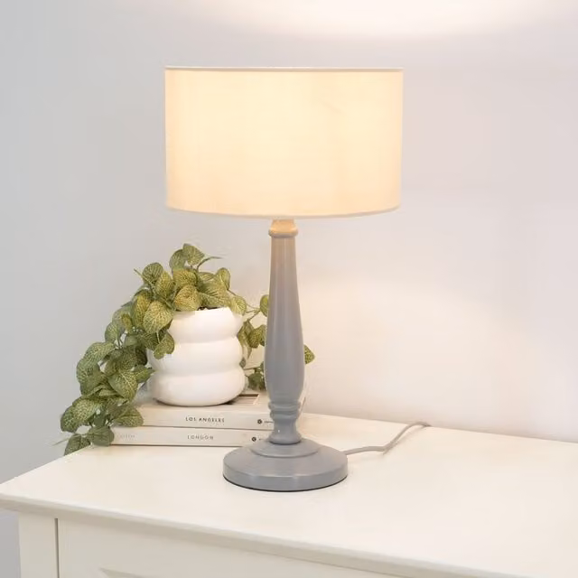 ValueLights Victoria Grey Table Lamp with Fabric Drum Shade