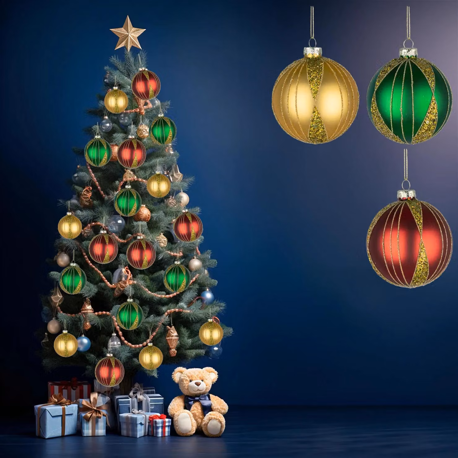 Shatchi 12-Piece Set of Red, Gold, Green and Multicolour Glass Christmas Baubles, 8 cm Round Hanging Ornaments – 10