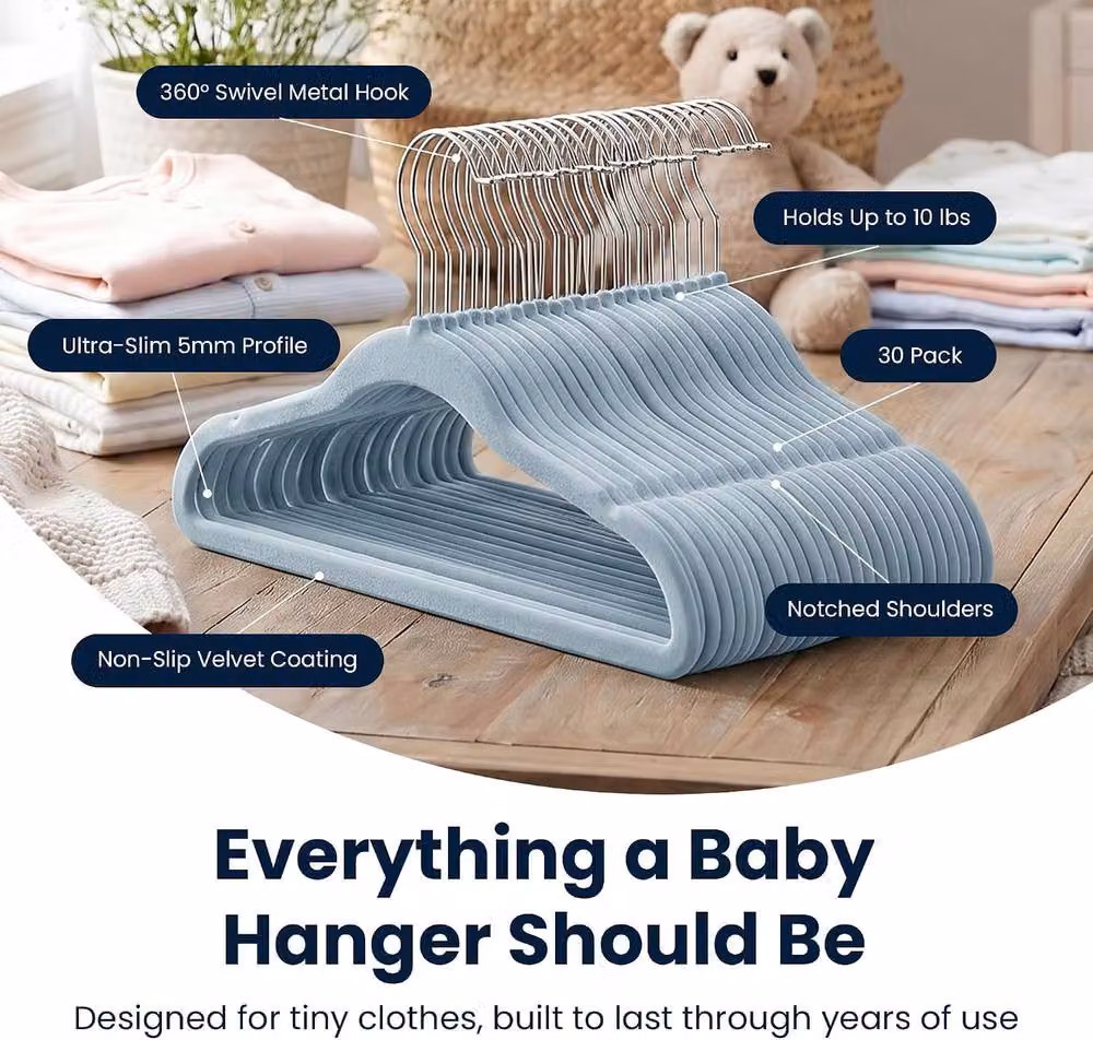 Sasha Morel Blue Velvet Baby Clothes Hangers with Swivel Hooks, 30 Pack – 8
