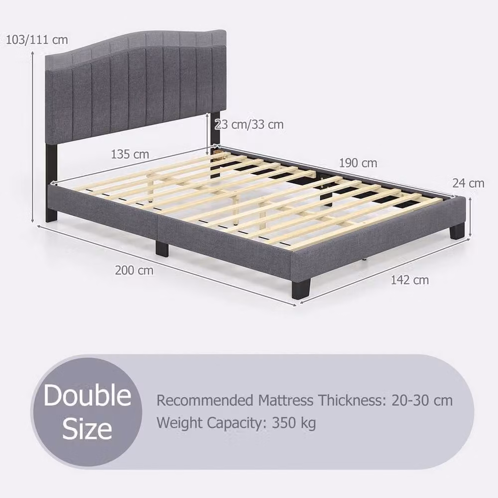 KORVIXA Modern Upholstered Double Platform Bed Frame in Grey, W/D/H: 140 x 200 cm – 2
