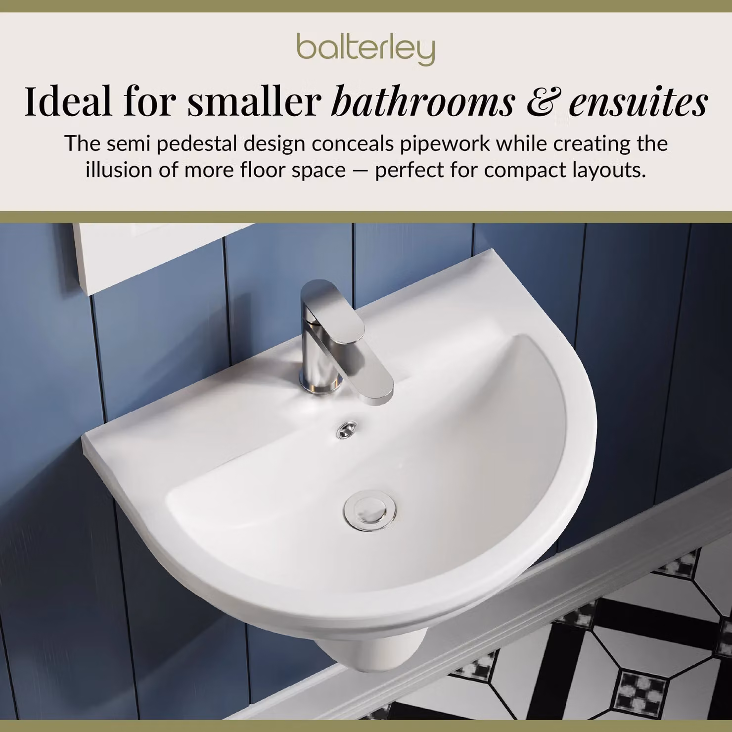 Balterley Round 1 Tap Hole Basin with Semi Pedestal, White, Width: 500 mm – 5