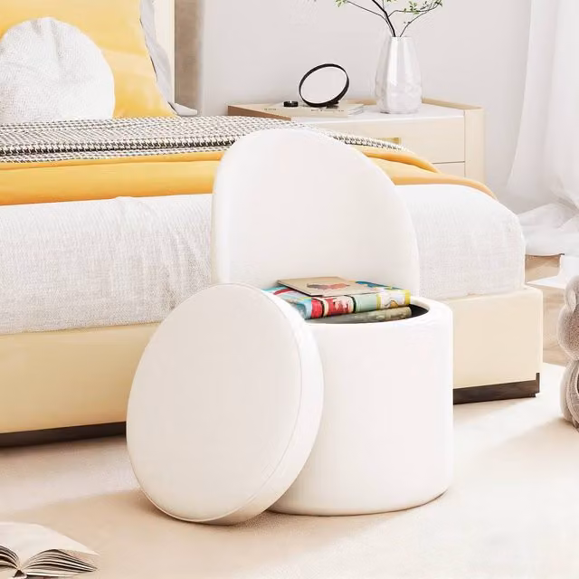 Gymax Faux Velvet Storage Ottoman with Backrest and Sponge Padding, White