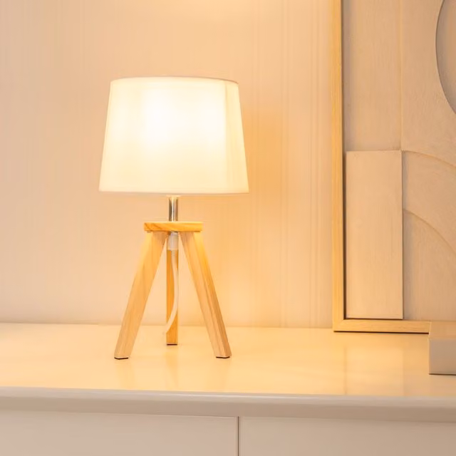 ValueLights Jackson Natural Wood Tripod Table Lamp with Fabric Shade and Warm White LED Bulb