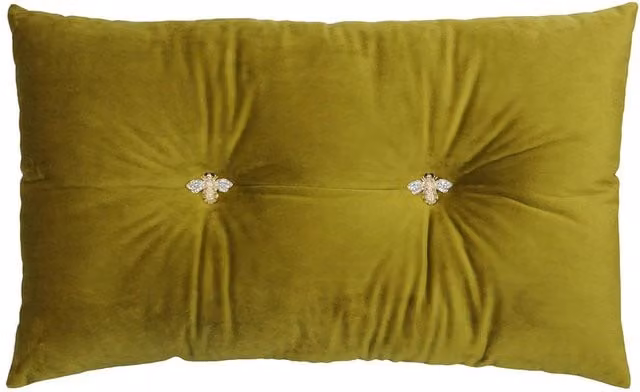 Paoletti Bumble Bee Embroidered Velvet Ready Filled Rectangular Cushion in Green, W: 50 cm, H: 30 cm – 1