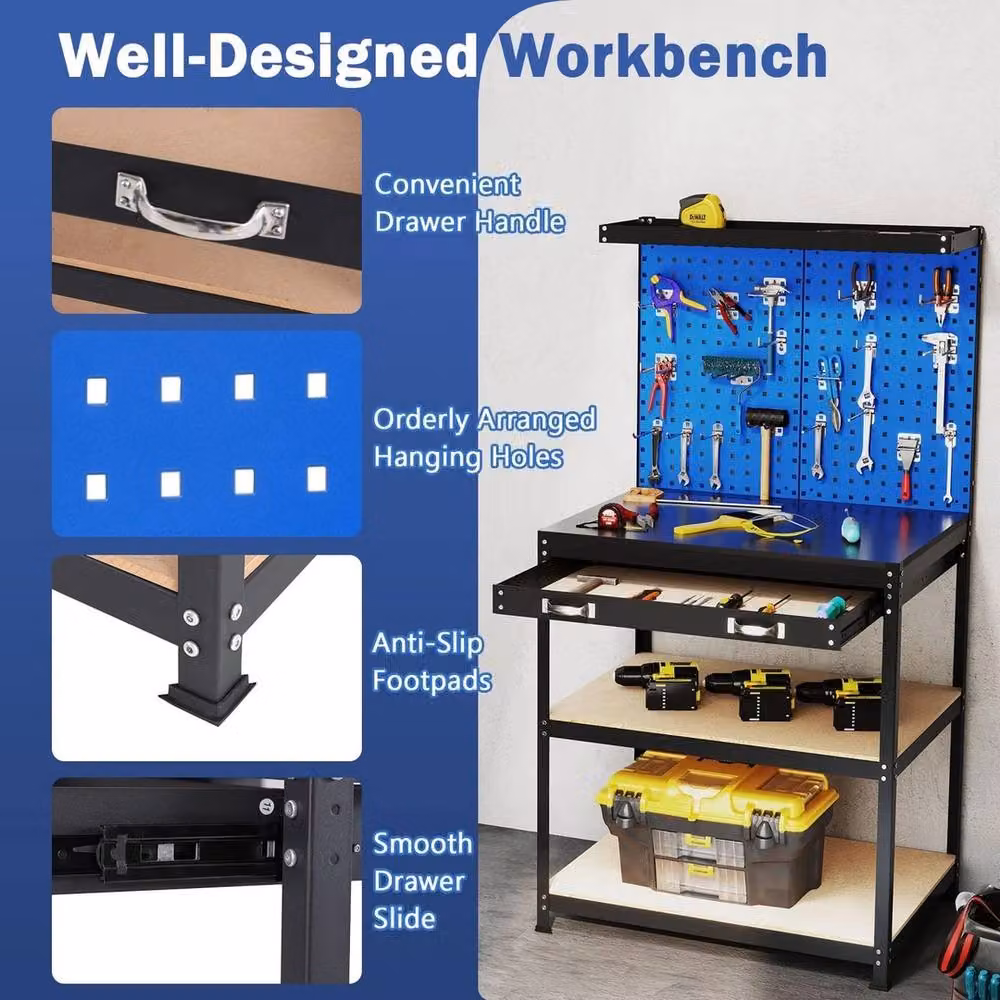 VOGREX Heavy-Duty Metal Workbench with Pegboard in Black and Blue, W: 81 cm, D: 41 cm, H: 156 cm – 6