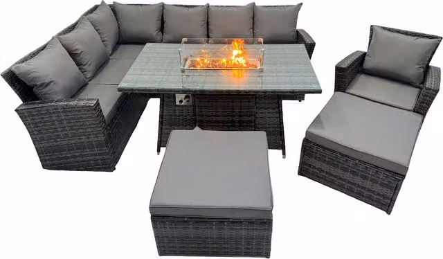Fimous Poly Rattan Outdoor Corner Sofa Set with Fire Pit Table and 2 Stools in Dark Grey Mixed
