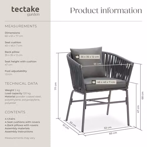 tectake Set of 4 Modern Rope Design Garden Chairs with Thick Cushions and Water-Repellent Covers in Dark Grey – 3