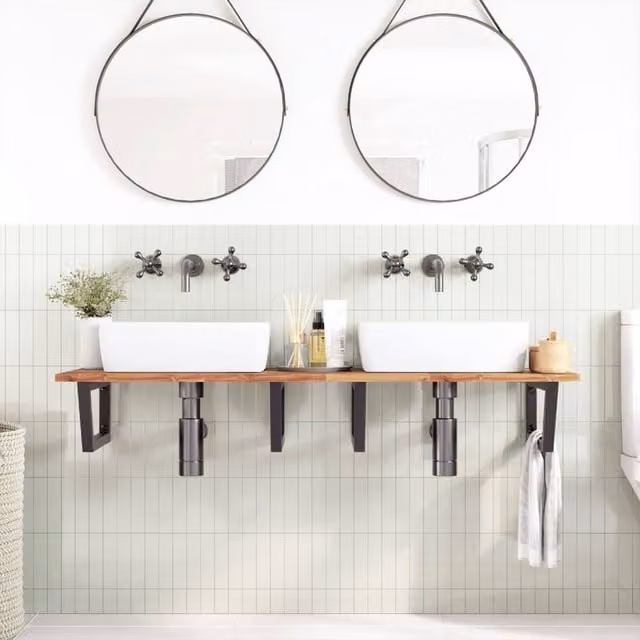 Berkfield Home Elegant Wall Mounted Basin Shelf in Brown Acacia Wood and Steel – 1
