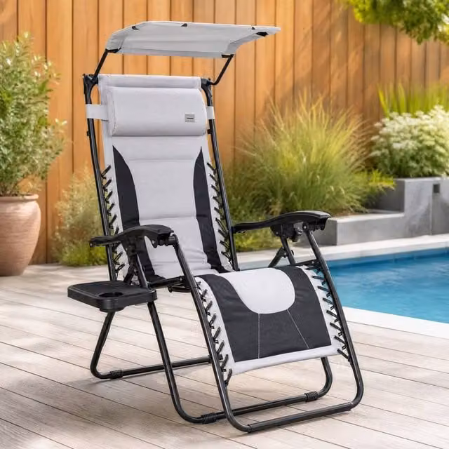 STILVORA Grey Folding Reclining Lounger Chair with Sun Canopy, Adjustable Headrest and Side Tray