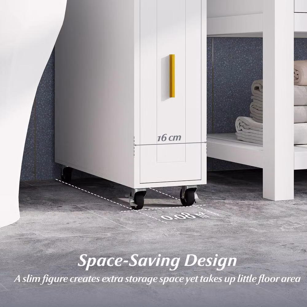 VOGREX White Small Freestanding Bathroom Storage Cabinet with Built-in Toilet Brush Holder and Internal Shelves – 4