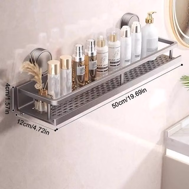 NESTLUNE Grey Aluminium Suction Cup Bathroom Shelf, Matt Finish, Width: 50 cm