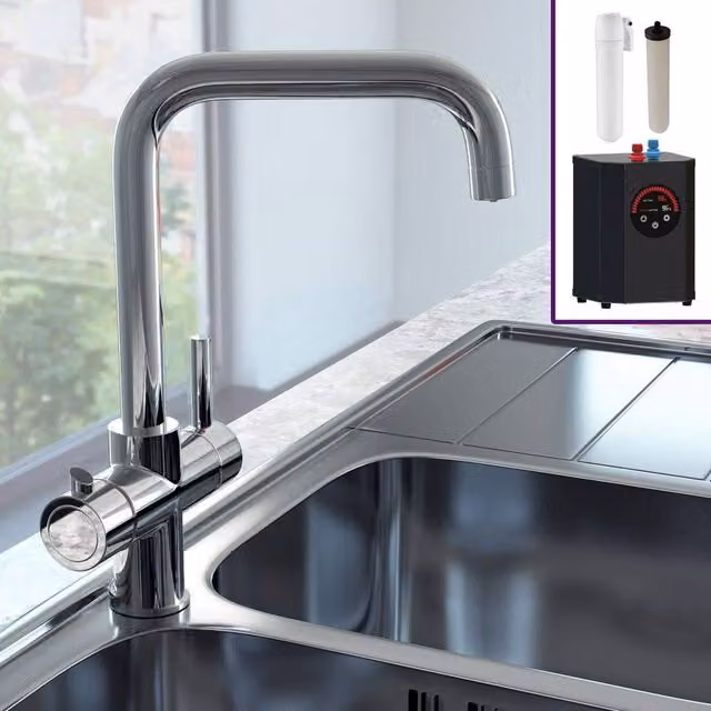 Nes Home 3 in 1 Single Lever Chrome Boiling Water Kitchen Mixer Tap Set in Silver, H 29.6 cm x W 25.3 cm x D 29.6 cm – 1