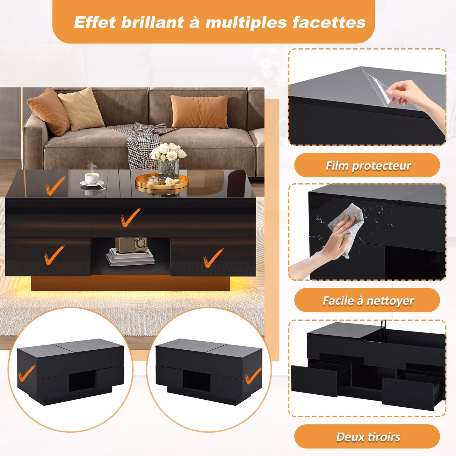 Aosom UK Black High-Gloss Lift-Top Coffee Table with App-Controlled RGB LED Lights and Hidden Compartment, W: 100 cm, D: 45 cm, H: 43 cm – 4