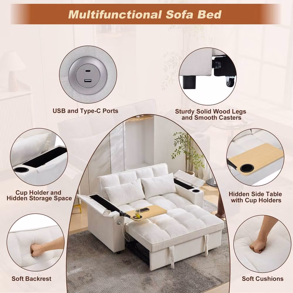 FENCHILIN 2 Seater Pull Out Sofa Bed Loveseat with Hidden Table, Cup Holders and USB Charging, White – 2