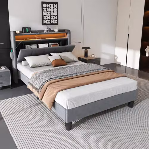 Matteo Grey Velvet Upholstered Single Bed with Under-Bed LED Lighting and USB Charging Ports, W/D/H: 190 x 90 x 107 cm – 2