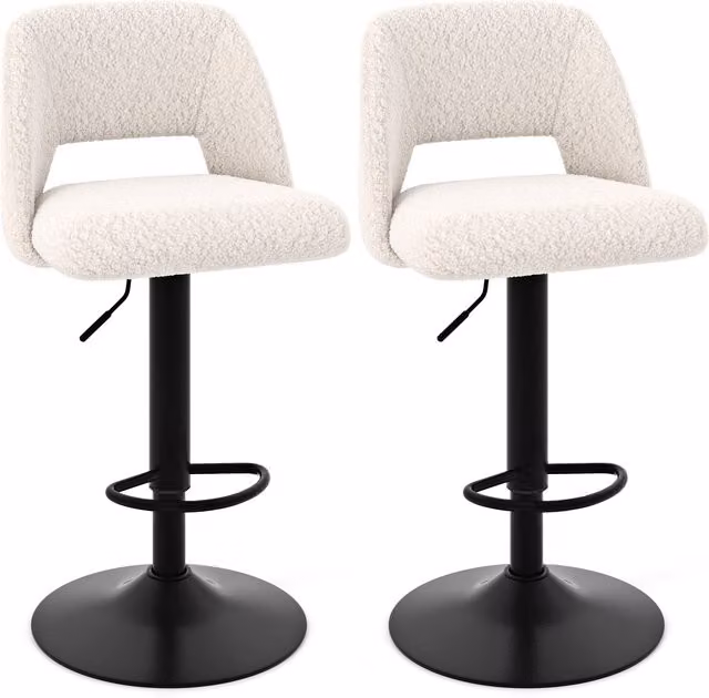 Costway Set of 2 White Bouclé Fabric Adjustable Swivel Bar Stools