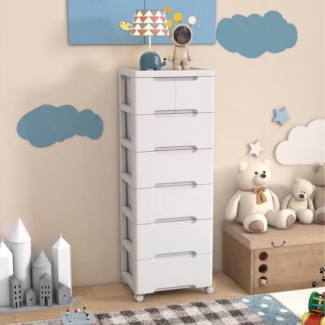 Costway White 6-Drawer Storage Cabinet with Castors and Lock