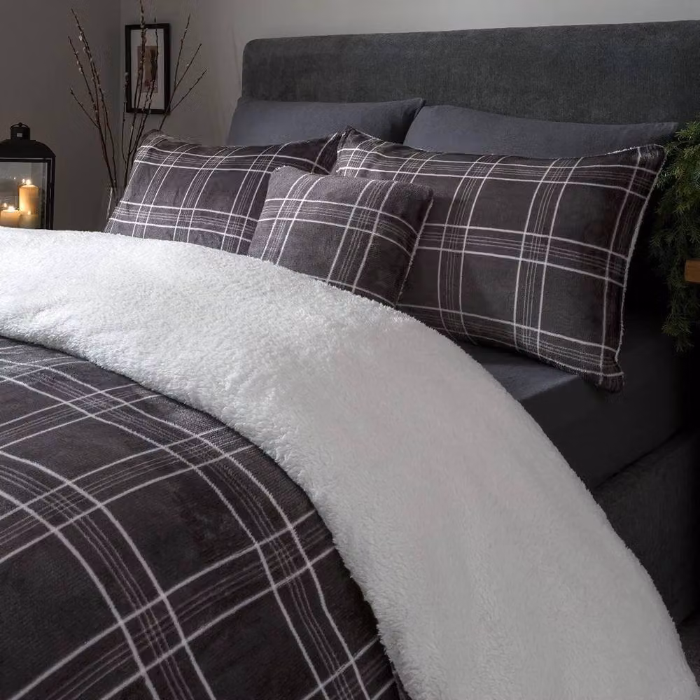 Smart Living Luxury Grey Checked Flannel Fleece Duvet Cover and Pillowcases Set, W: 180 cm, H: 200 cm – 2