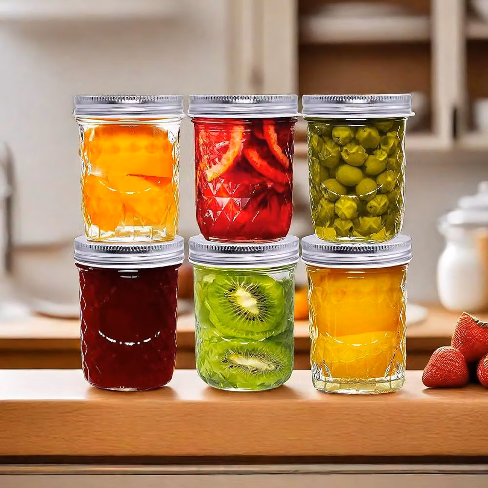 Simpa 12 Pack Geometric Quilted Glass Mason Jars with Silver Metal Airtight Lids, 475 ml – 4