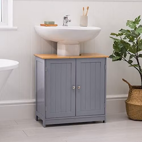 Christow Grey Modern Under Sink Bathroom Cabinet with Bamboo Top and Internal Shelves, W/D/H: 60 x 30 x 60 cm