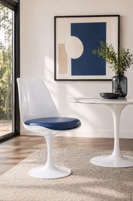 Fusion Living White Tulip Swivel Dining Chair with Navy Blue PU Cushion
