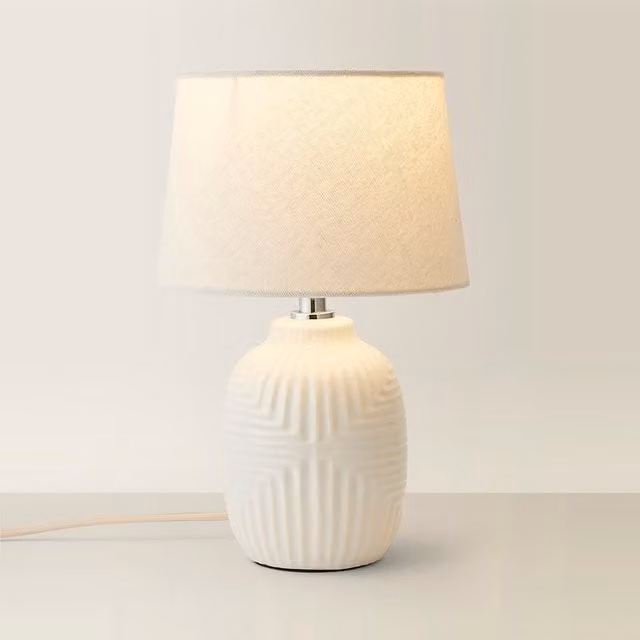 Harrison Small Geo Ribbed Gloss Ceramic Table Lamp with Tapered Shade in White