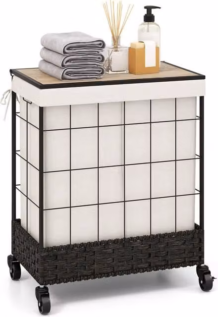 Costway 110L Handwoven Rattan Laundry Basket with Wheels and Removable Bag in Black