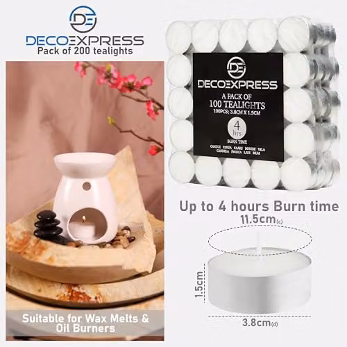 Deco Express Unscented White Tealight Candles, 4 Hour Burn Time, Pack of 200 – 5