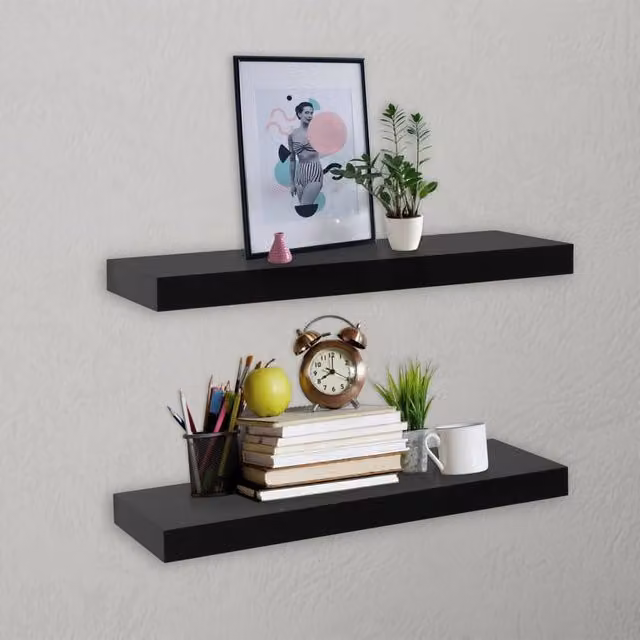 Berkfield Home Set of 2 Black Lacquered Floating Wall Shelves, W: 40 cm, D: 20 cm, H: 3.8 cm