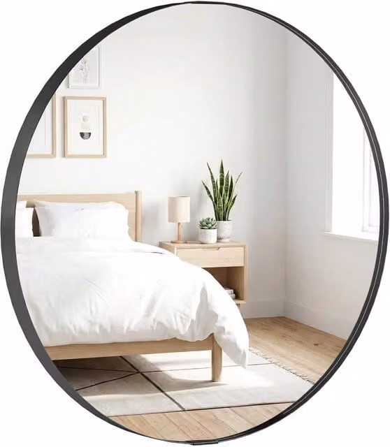 HOMCOM Modern Round Wall Mounted Bathroom Mirror in Black, Diameter: 61 cm – 1