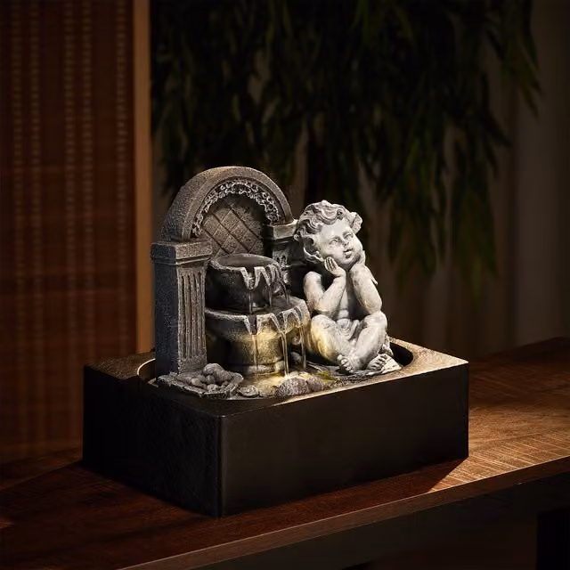 Livingandhome Angel and Pool Shaped LED Desktop Water Feature in Grey