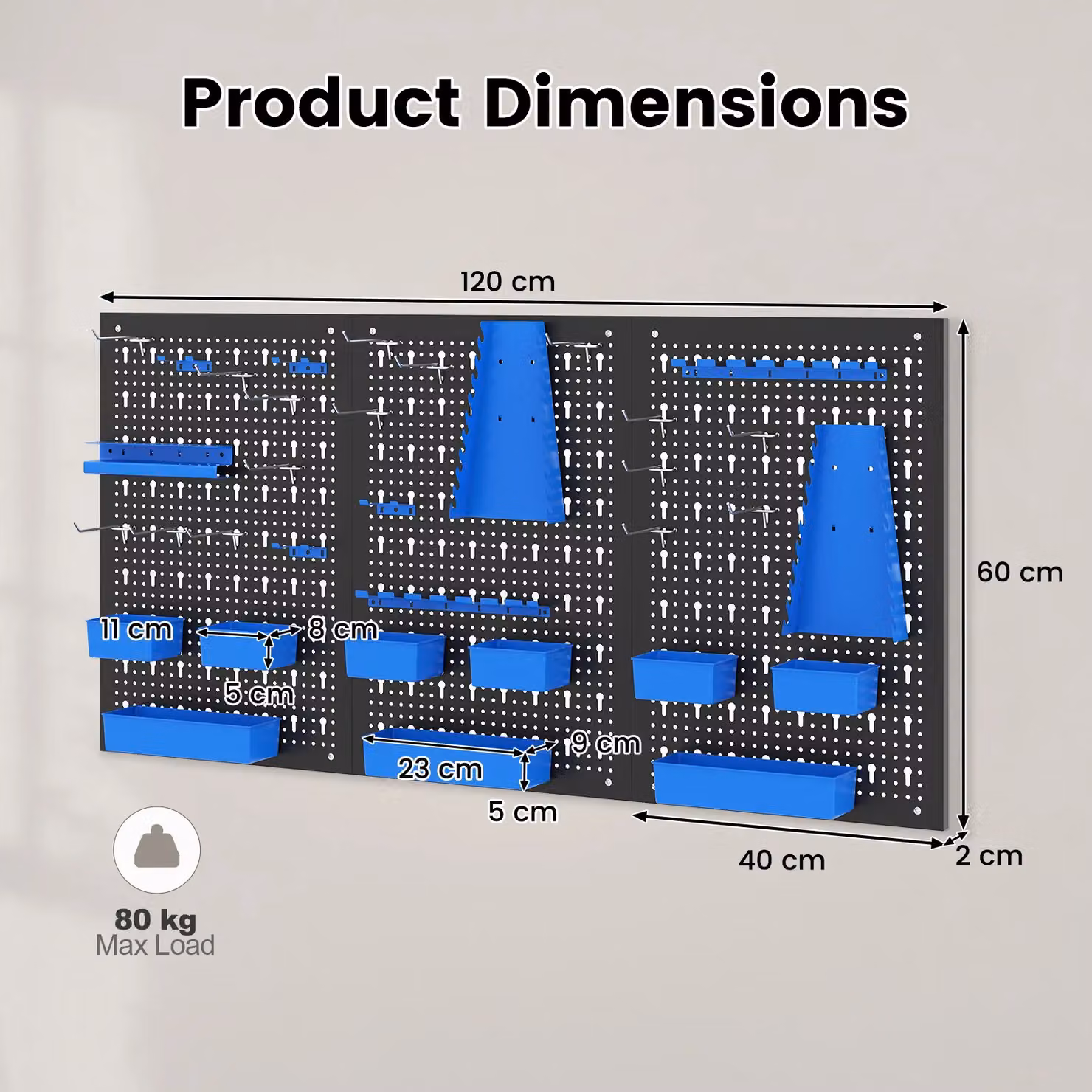 Costway Pegboard Wall Organizer with 9 Bins and Hammer Racks, Blue, W/D/H: 120 x 60 x 35 cm – 2