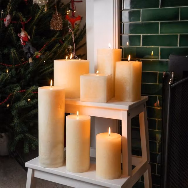 Nicola Spring Round Vanilla Pillar Candles in Beige and White, Pack of 6, H: 14.5 cm, W: 9.0 cm, D: 9.0 cm